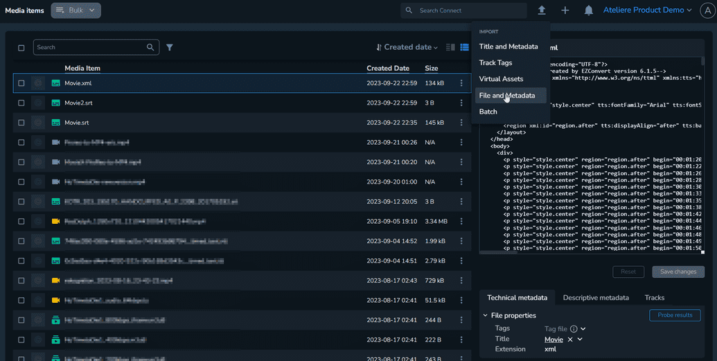 The File and Metadata dropdown