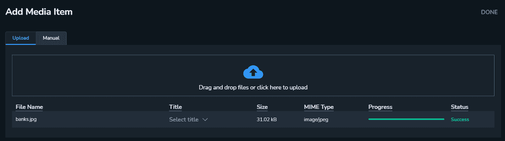 The upload progress on the Add Media Item pane