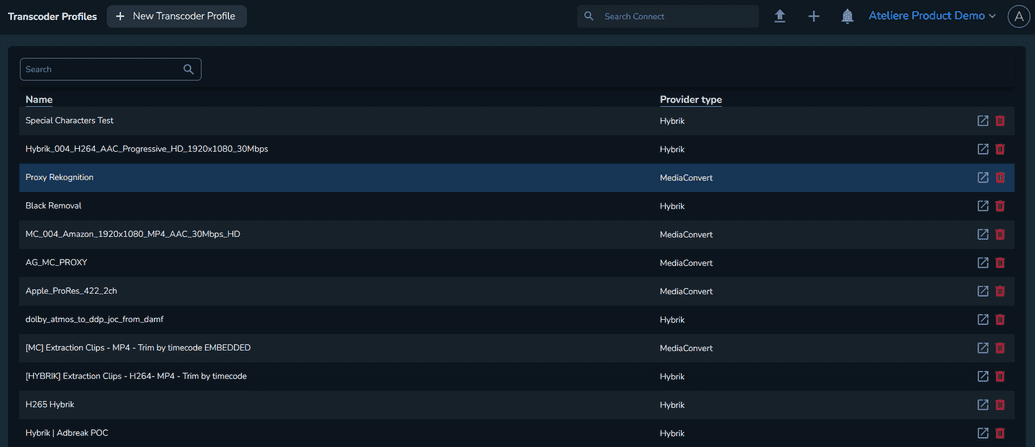 The Transcoder Profiles menu