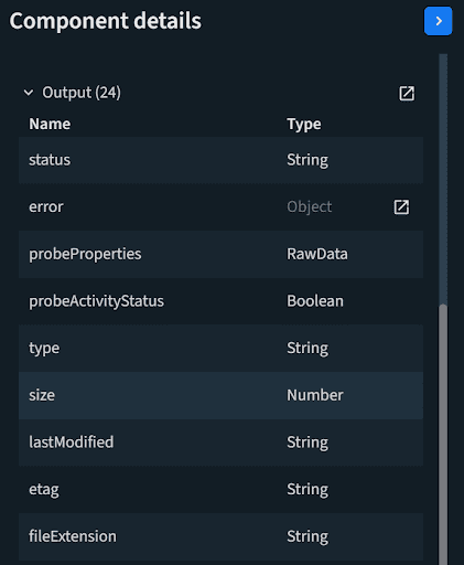 The Component details section for outputs