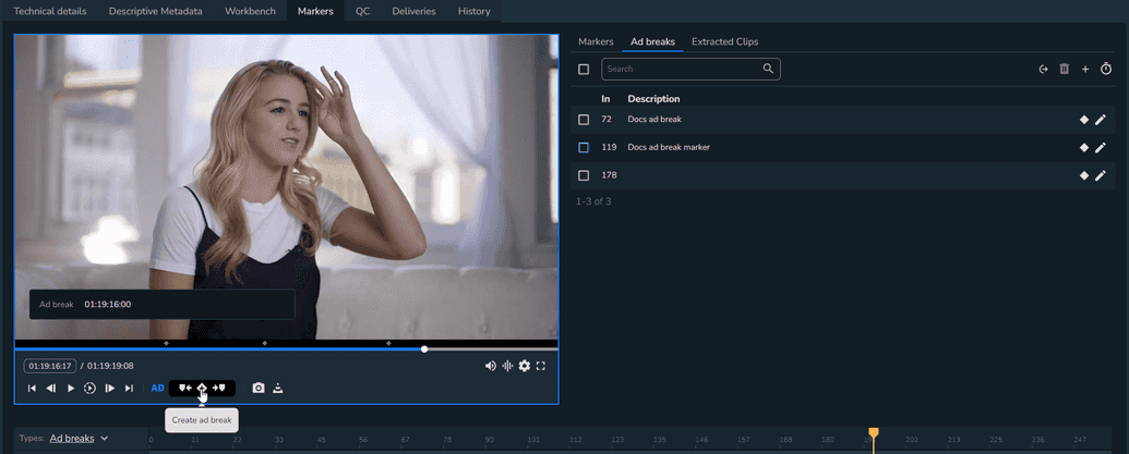 The Create ad break option in the player
