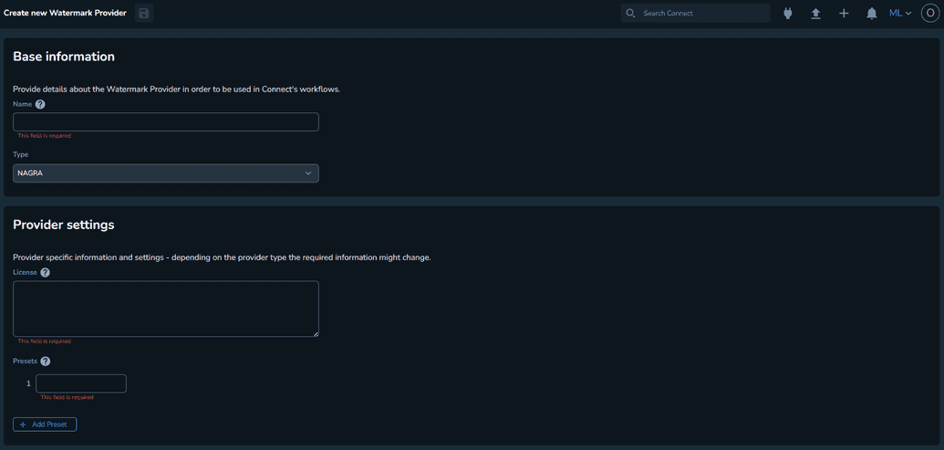 The New Watermark Transcoder Provider menu