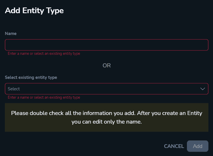 The Add Entity Type Window